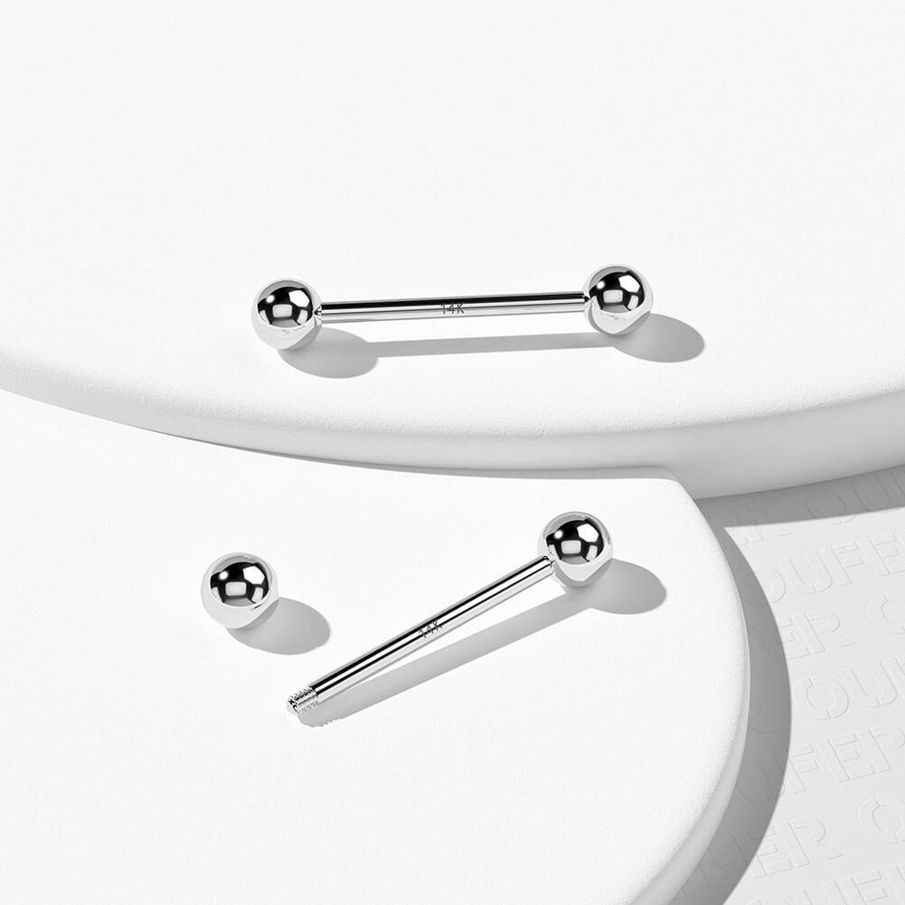 14K White Gold Ball Nipple Ring - 14mm