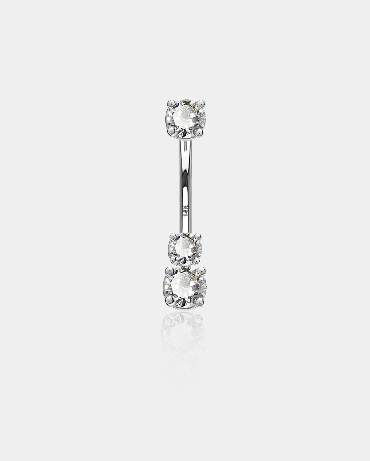 14K White Gold Three Round CZ Belly Ring