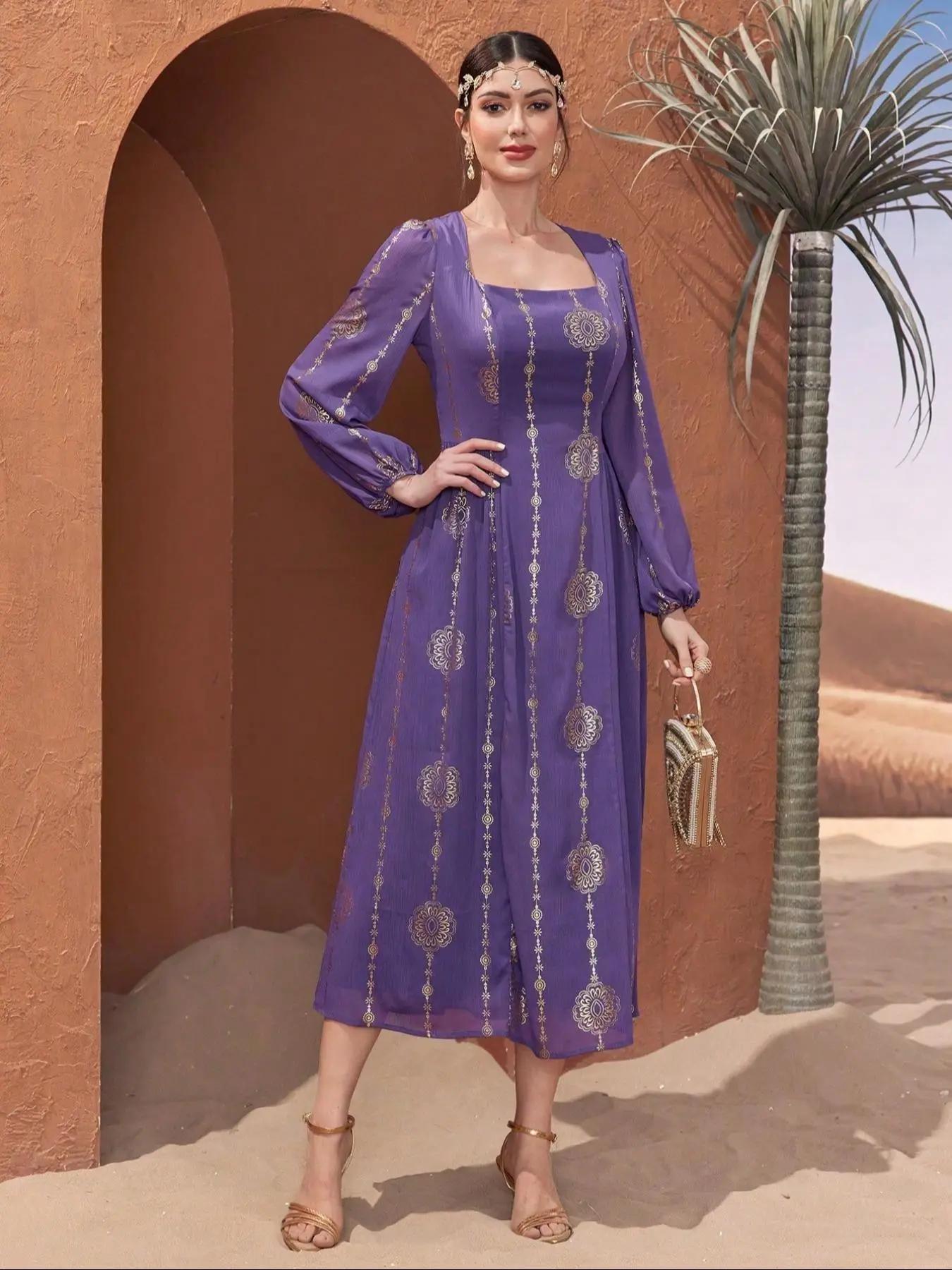 women's Floral Embroidery Long Sleeve Dress, Elegant Maxi Arabian Dress for Party Holiday Wedding Guest, Ladies Clothes for All Seasons