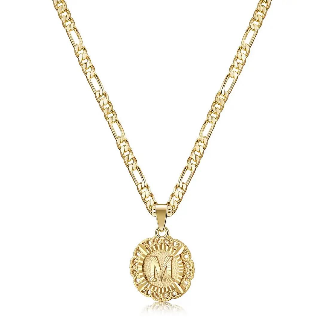Initial Necklace For Women Girl,14K Gold Plated Round Letter Pendant Necklace Capital Monogram Necklace Alhpabets from A-Z Figaro Chain Necklace