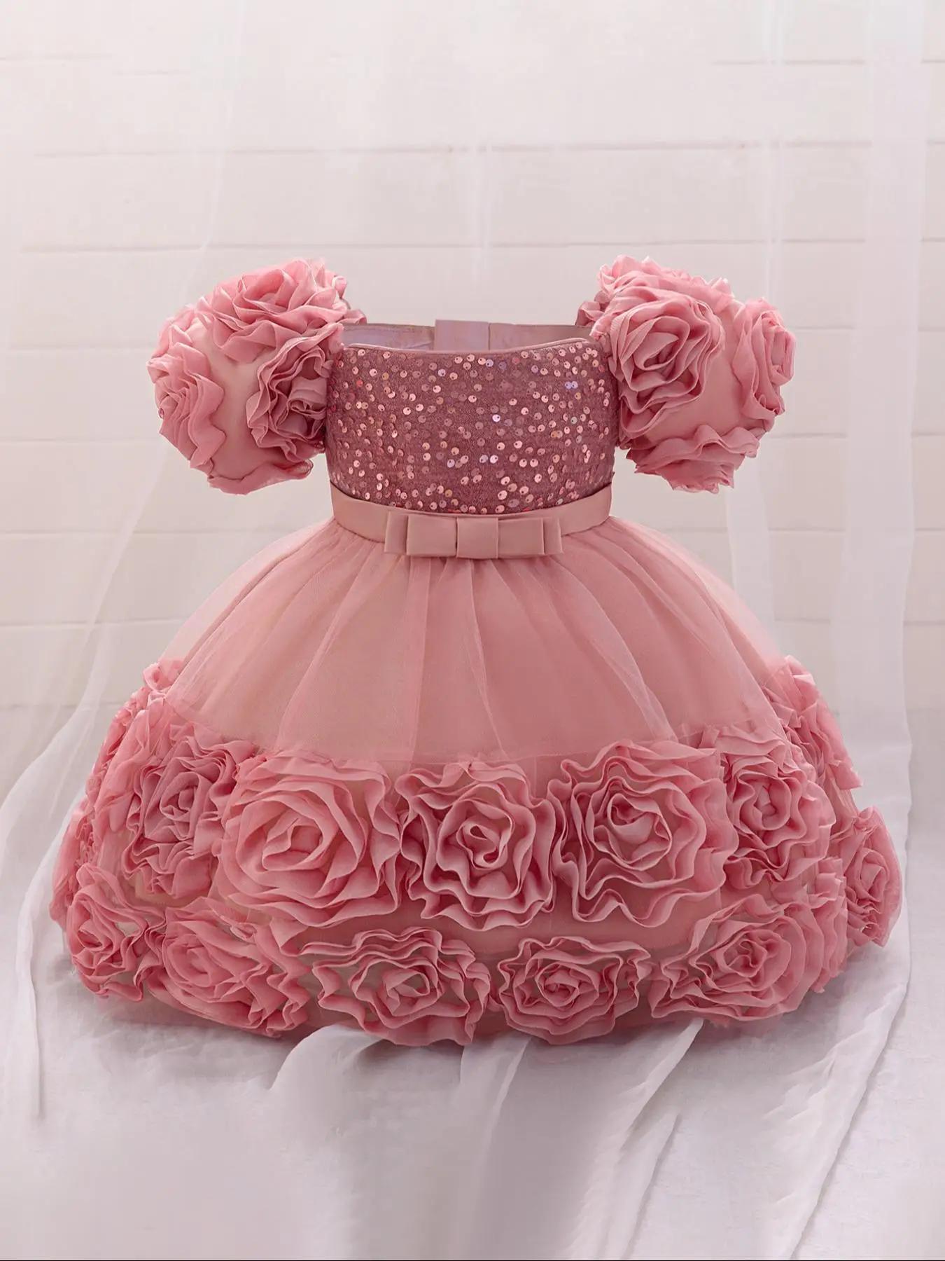 Girl's Contrast Mesh Appliques Sequin Decor Fit and Flare Dress, Elegant Puff Sleeve Zipper Back Party Dress for Performance Wedding Guest, Kids Cloth