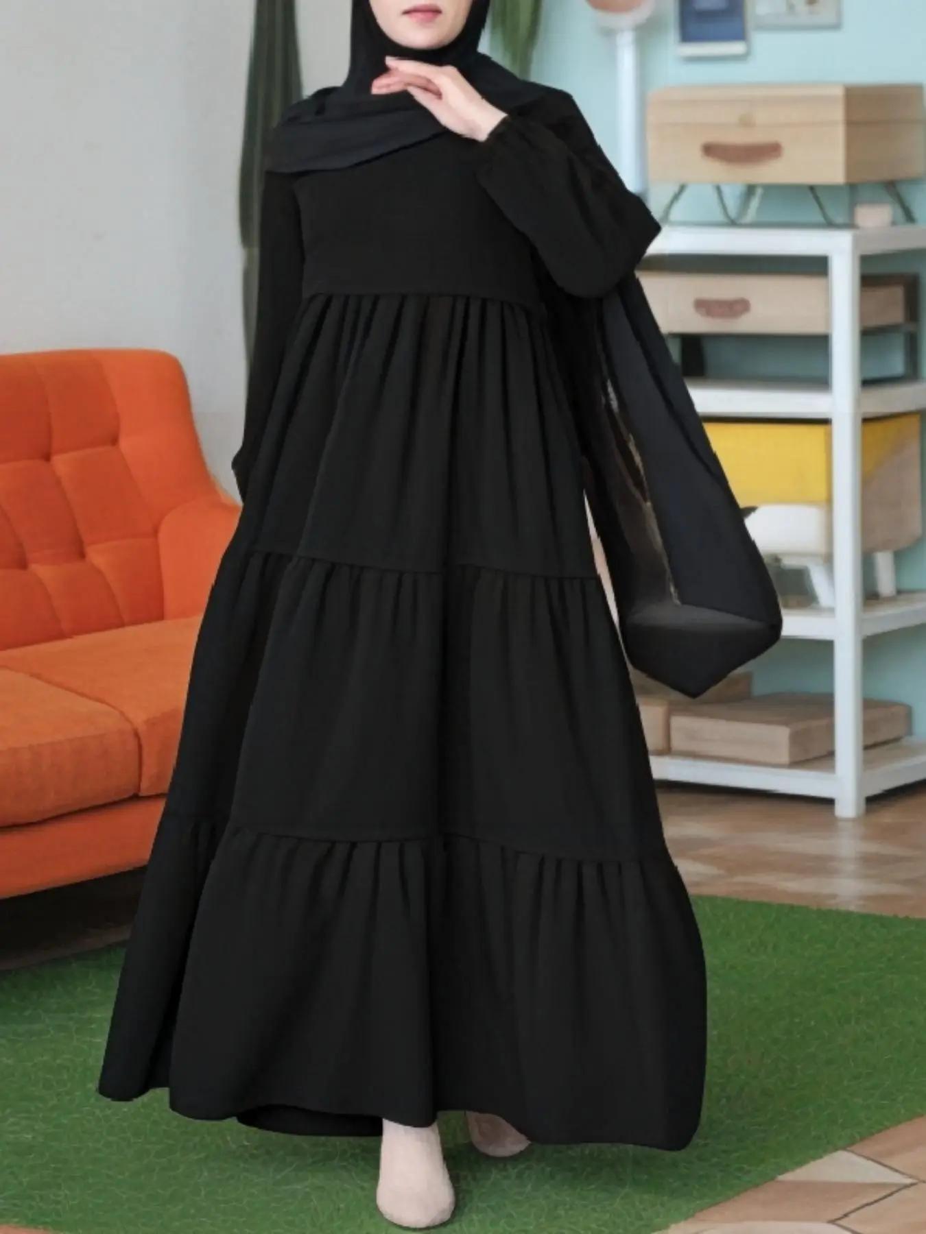 women's Plain Ruffle Hem Arabian Dress, Modest Bishop Sleeve Keyhole Back Long Dress for Party Wedding Guest, Ladies Fall & Winter Clothes