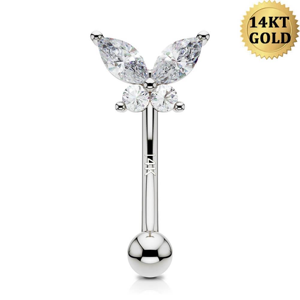 14K White Gold CZ Butterfly Eyebrow Ring - 8mm
