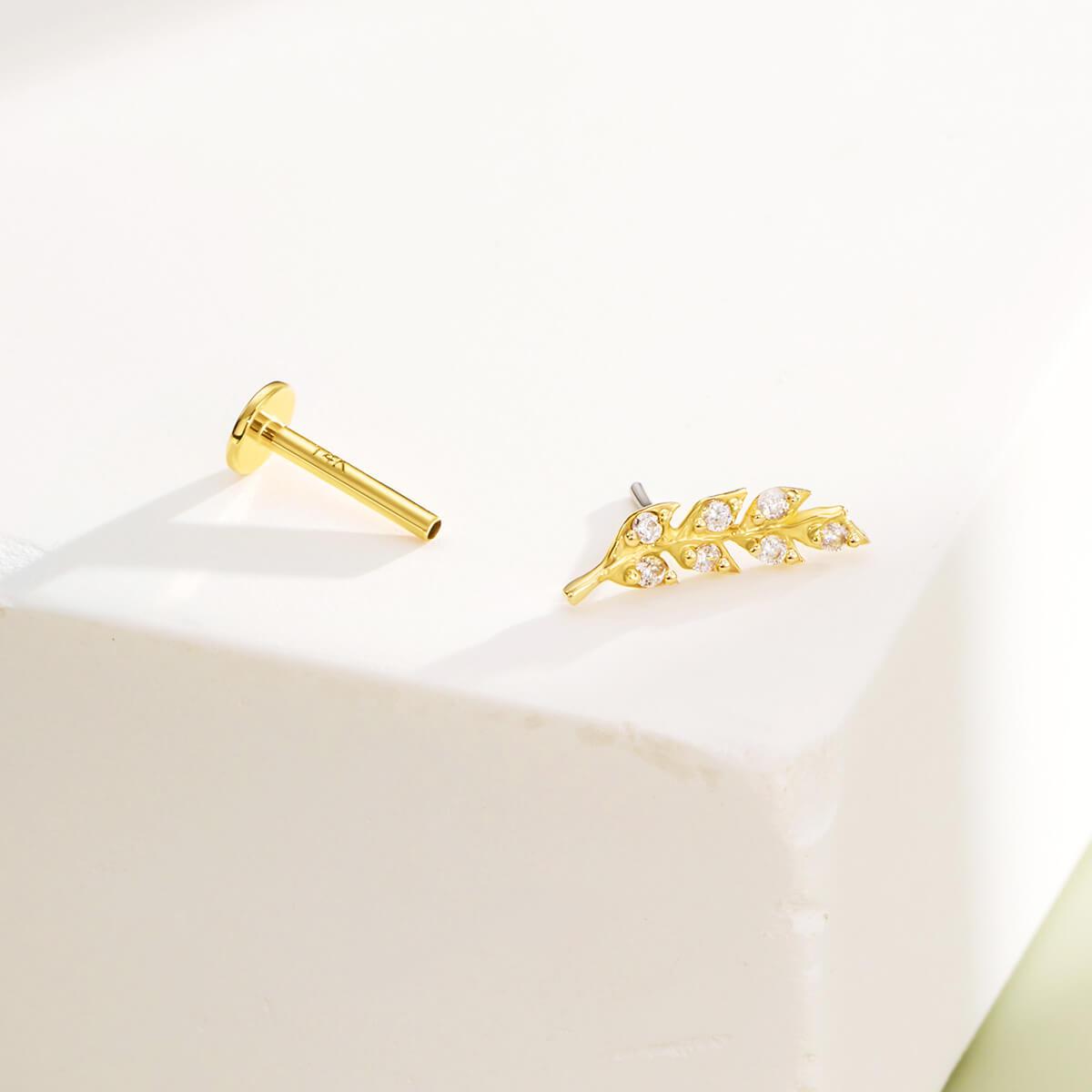 14K Gold Leaves Threadless Helix & Nose Stud - 14K Post Only / 18G-8mm