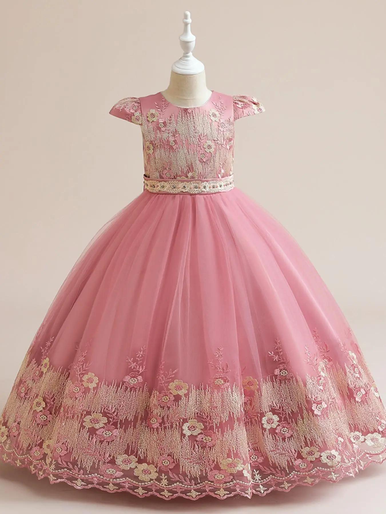 Flower Embroidery Tulle Dress, Elegant Round Neck Dress for Party Wedding Guest, Kids Clothes for All Seasons
