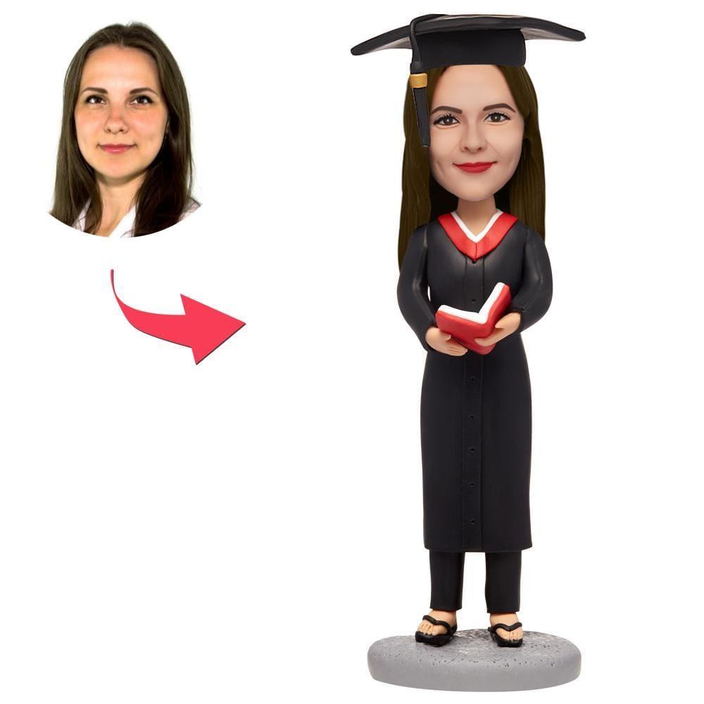 Custom Bobblehead Female Graduate With Red Book And Engraved Text