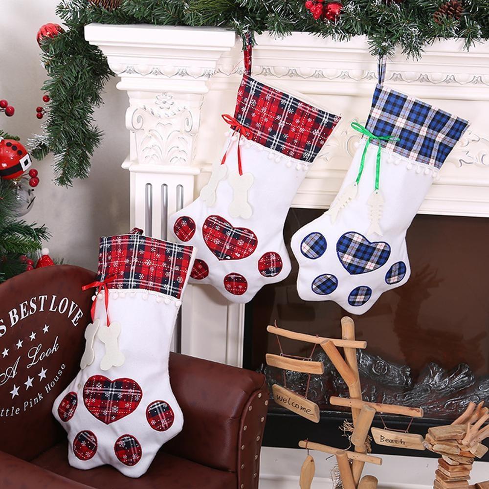 Christmas Gifts Decorations Socks Gift Bag Dog paw Socks Plaid Fabric