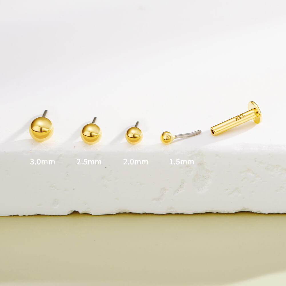 14K Gold Ball Threadless Cartilage Stud - Titanium Post Only / 16G 8mm