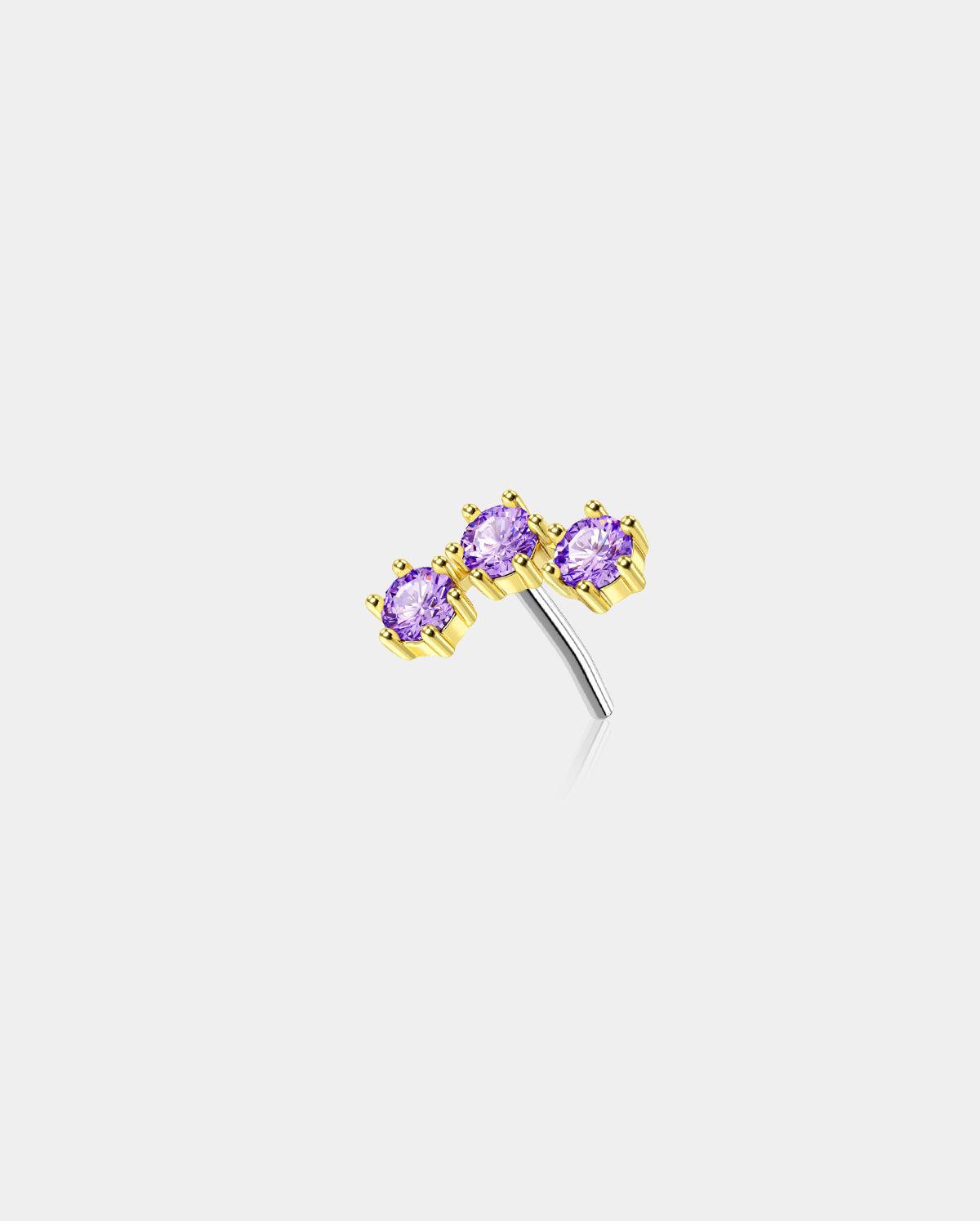 14K Gold Triple CZ Threadless Helix Earring - 14K Top Only / Amethyst