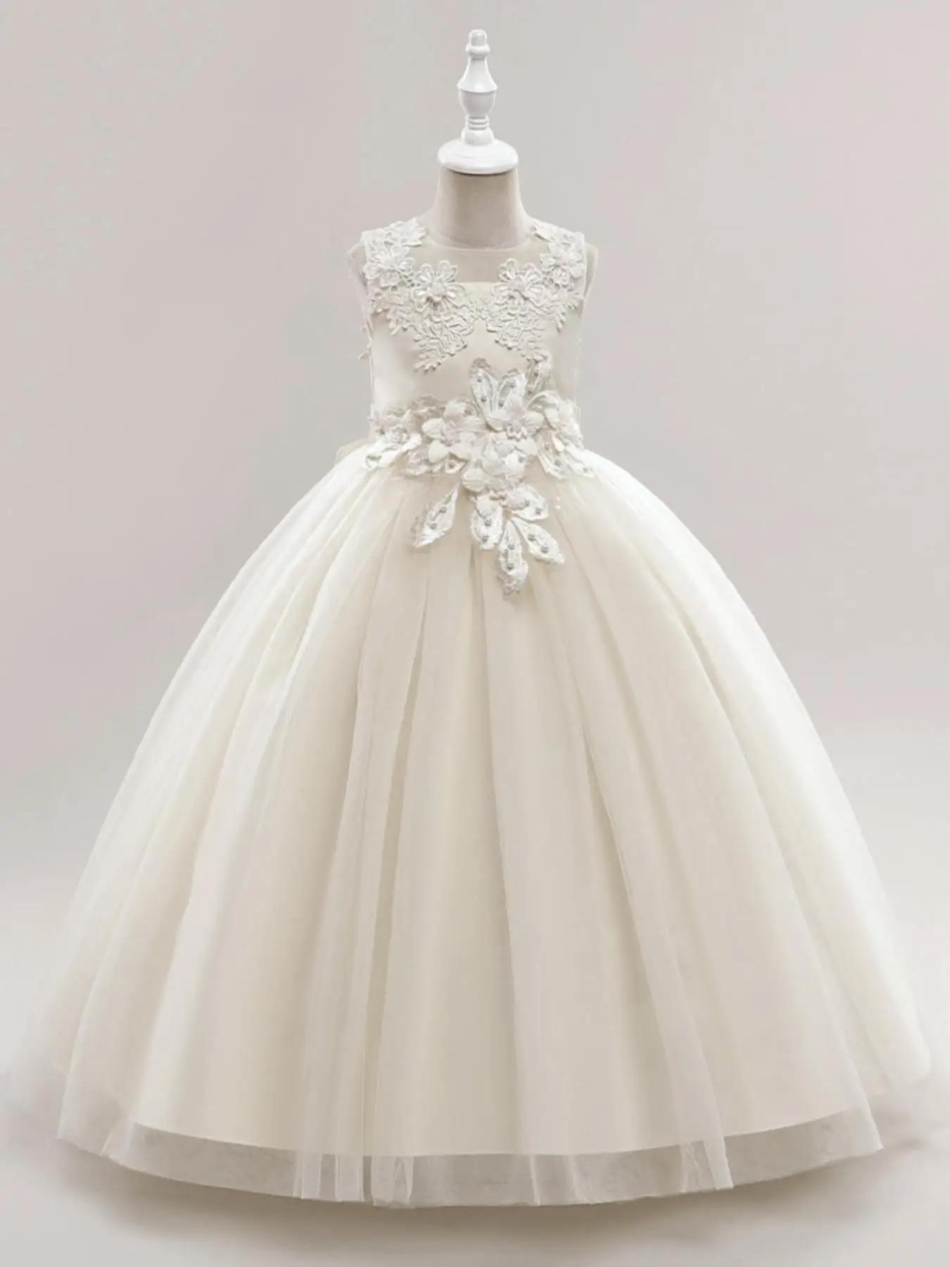 Girl's Faux Pearl Decor Contrast Mesh Appliques Party Dress, Elegant Bow Back Sleeveless Tulle Dress for Wedding Guest Photo Shoot, Kids Clothing for