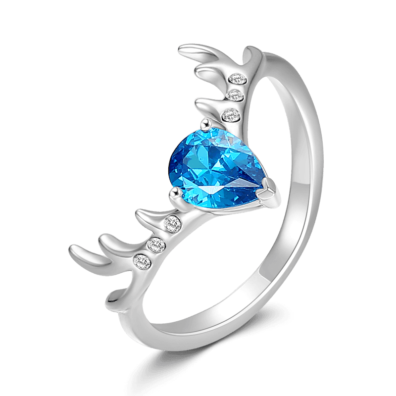 Christmas Reindeer Ring Blue Rings Platinum Plated 925 Sterling Silver Zircon