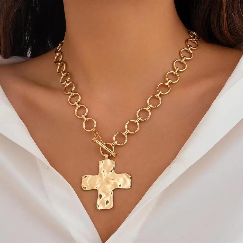 Tewiky Gold Chunky Cross Necklace for Women Statement Cross Pendant Necklace Layered Hammered Bold Cross Necklace Vintage Toggle Clasp Necklace Jewelr