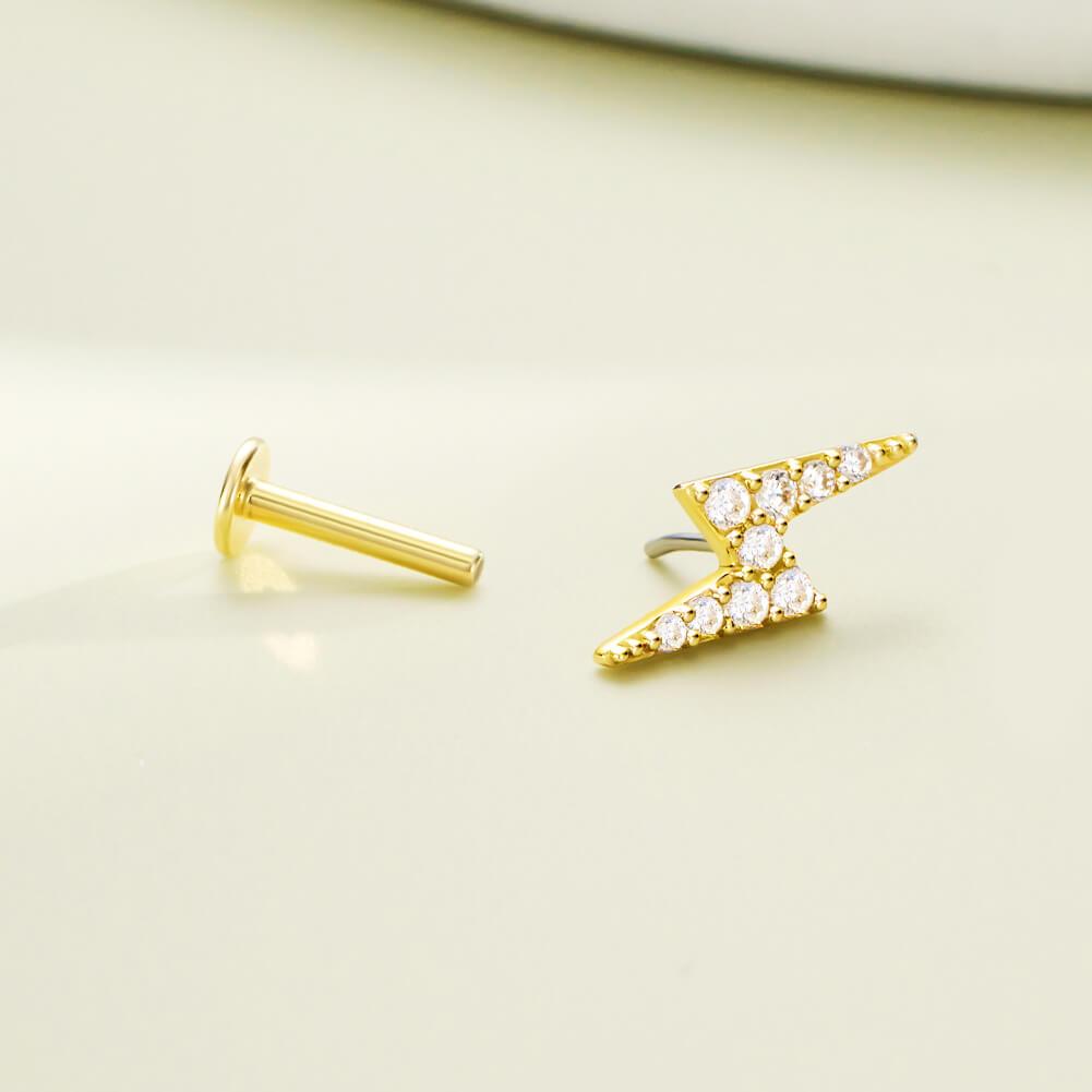 14K Gold Lightning Bolt CZ Threadless Nose Stud - Titanium Post Only / 16G-8mm