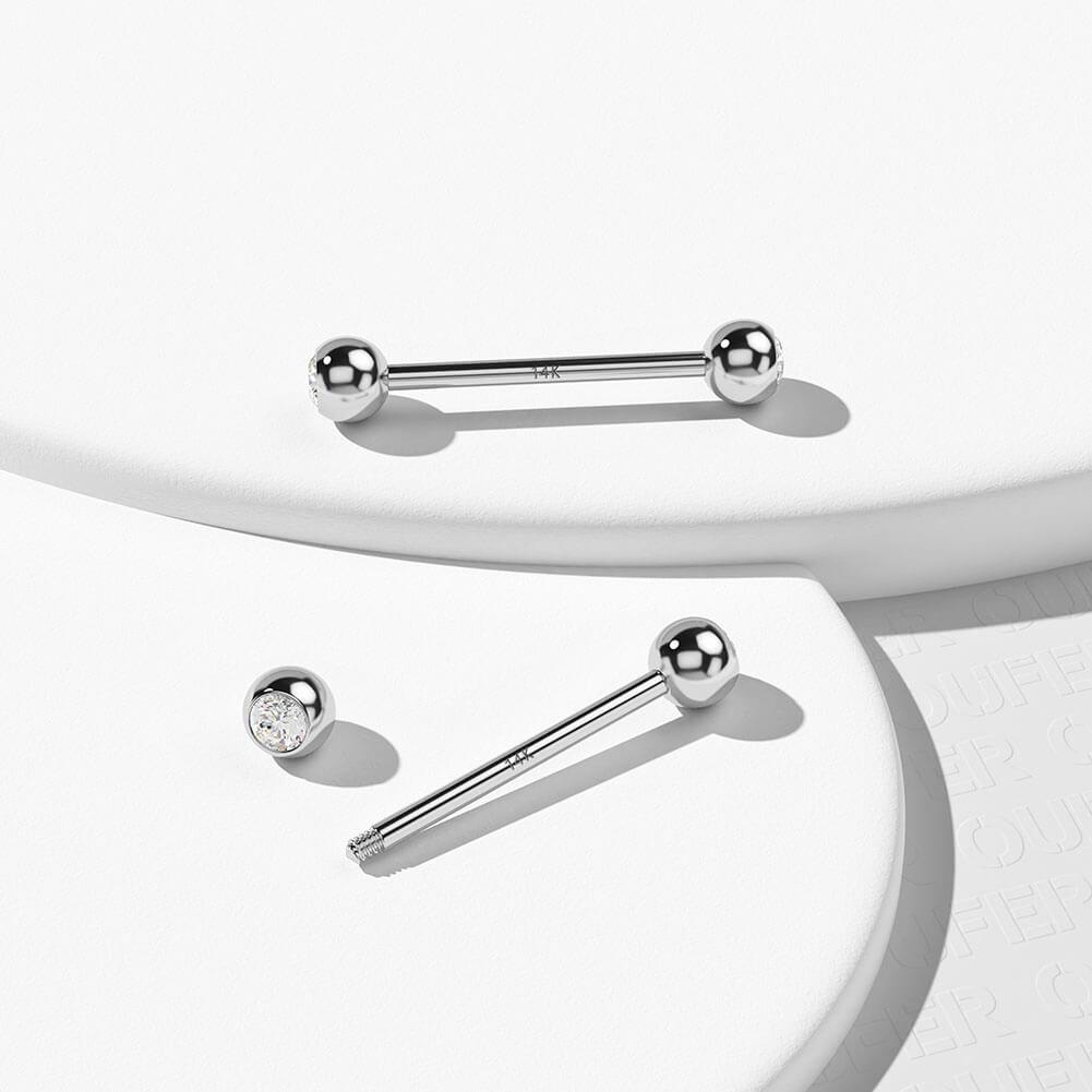 14K White Gold CZ Ball Nipple Ring - 14m