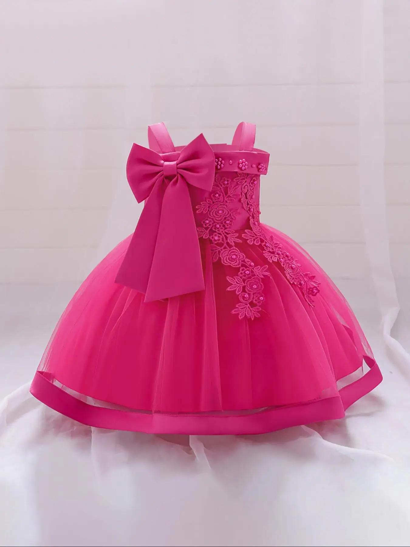 Girl's Appliques Bow Decor Faux Pearls Tulle Dress, Elegant Sleeveless Satin Tutu Dress for Party Wedding Guest, Kids Clothes for All Seasons, Embroid