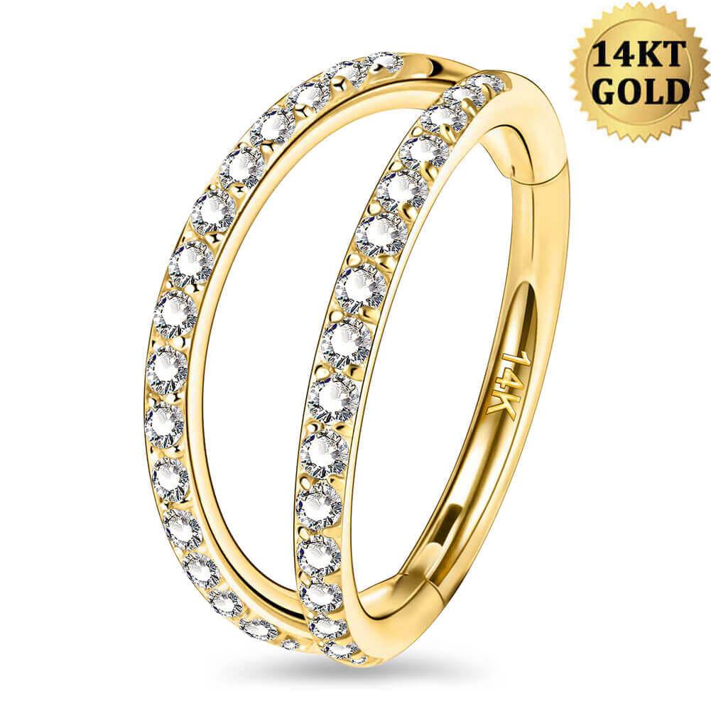 18G 14K Gold Double Row CZ Segment Nose Hoop - 7mm