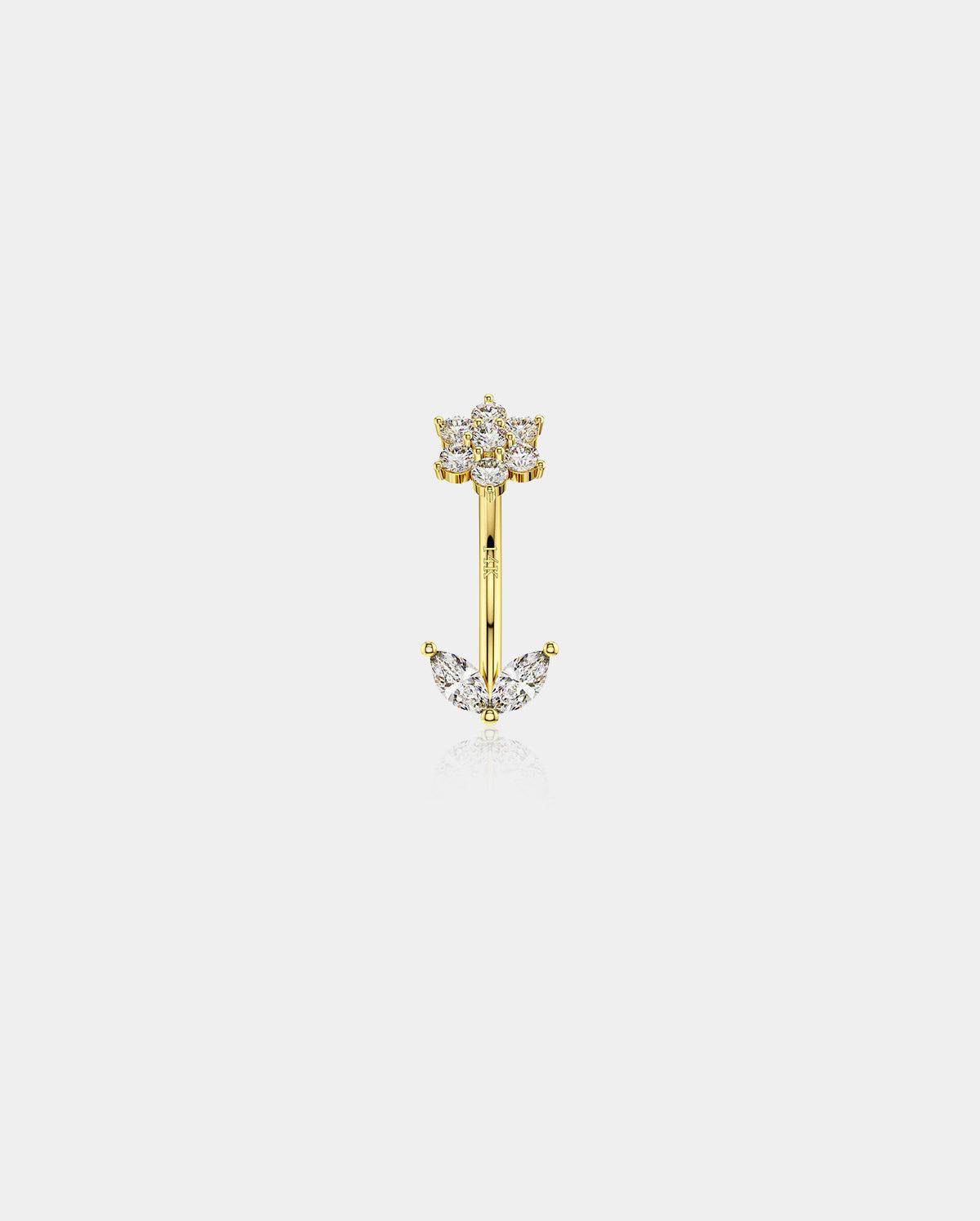 14K Gold CZ Flower Leave Rook Earring - 6mm