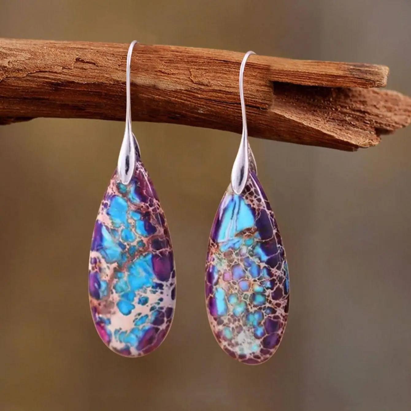 Natural Blue Purple Stone Drop Earrings Teardrop Dangle Earrings, Bohemia Droplet Earrings, Inner Peace Meditation Grounding Earrings Gift for her