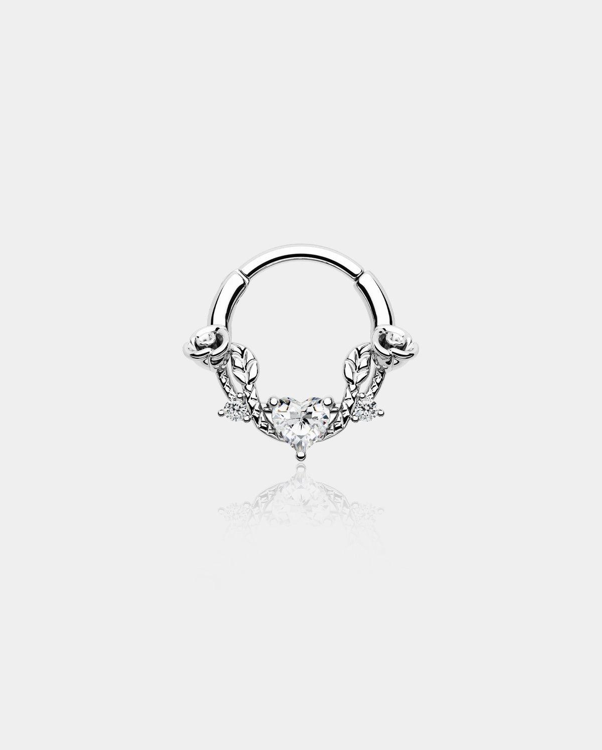 Rose Heart Hinged Segment Septum Ring - Silver-Clear CZ / 8mm