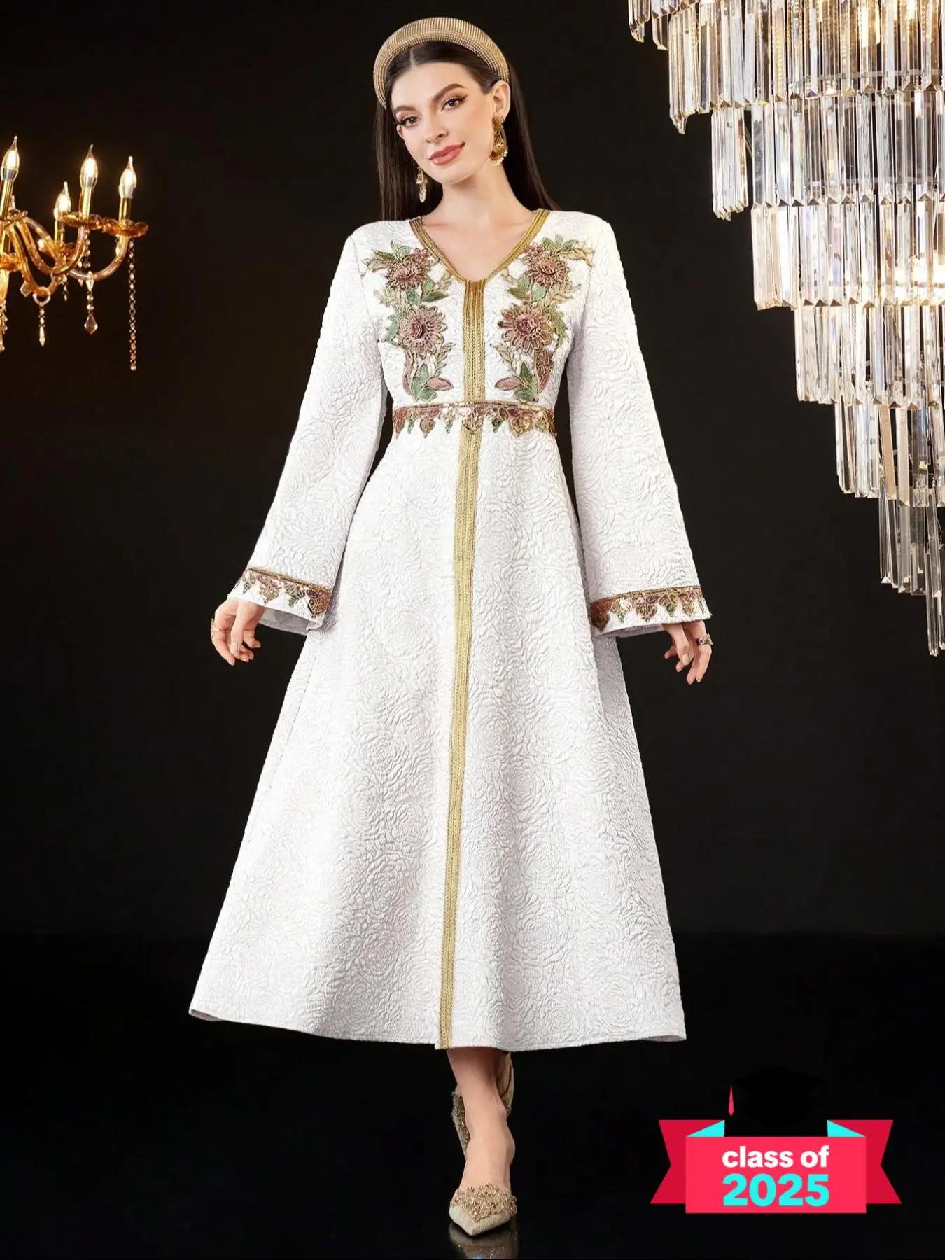 women's Plain Embroidery Trim V Neck Dress, Elegant Long Sleeve A Line Dress for Party Holiday Wedding Guest, Ladies Clothes for All Seasons