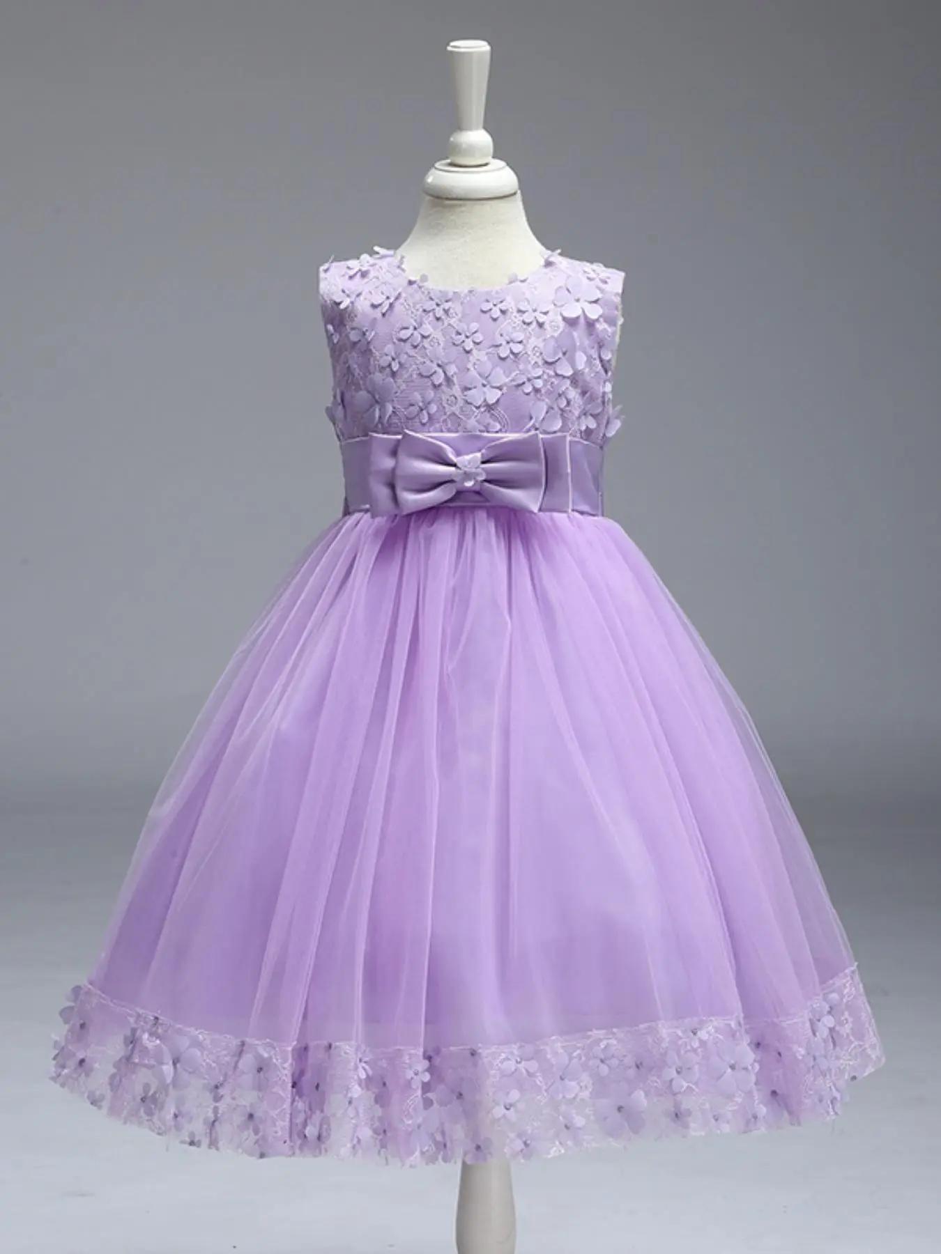 Girl's Floral Appliques Bow Decor Tulle formal Dress, Elegant Sleeveless Round Neck Zipper Back A Line Dress for Party Performance Wedding Guest, Kids