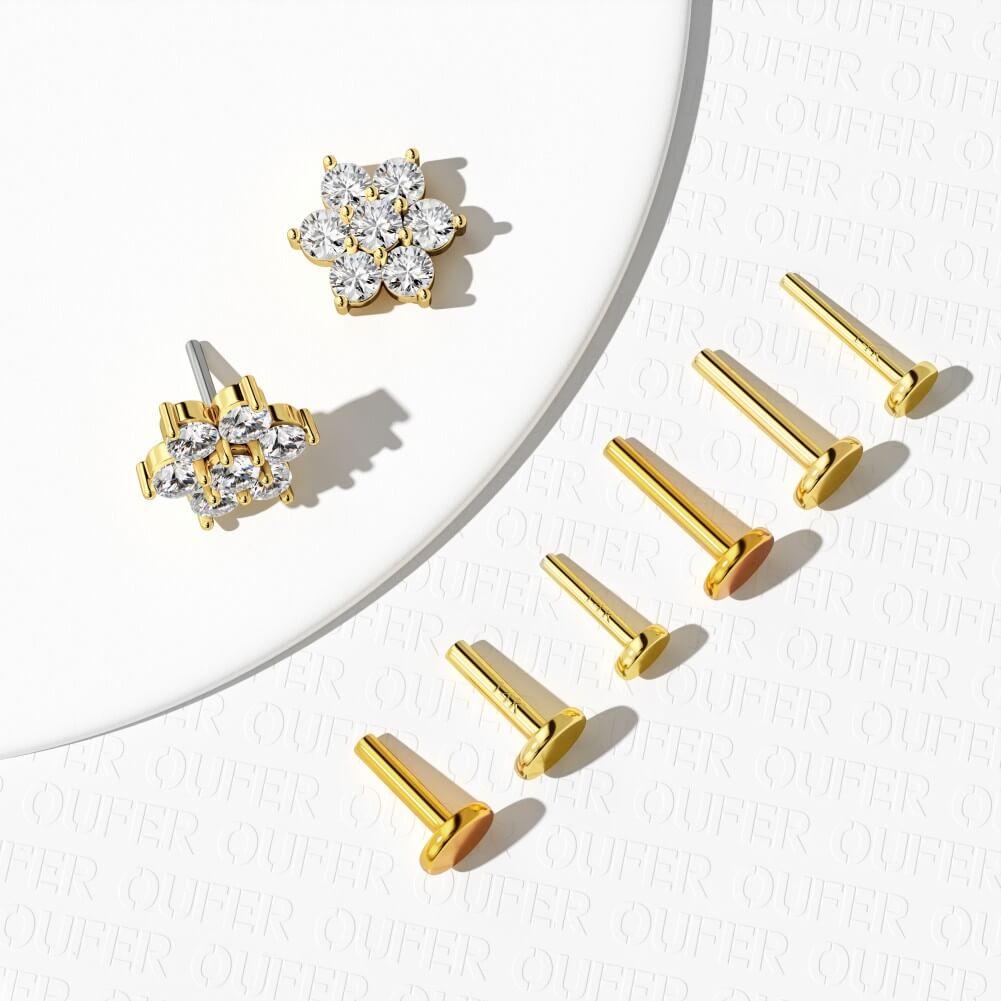 14K Gold CZ Flower Threadless Nose Stud - 14K Post only / 16G-6mm